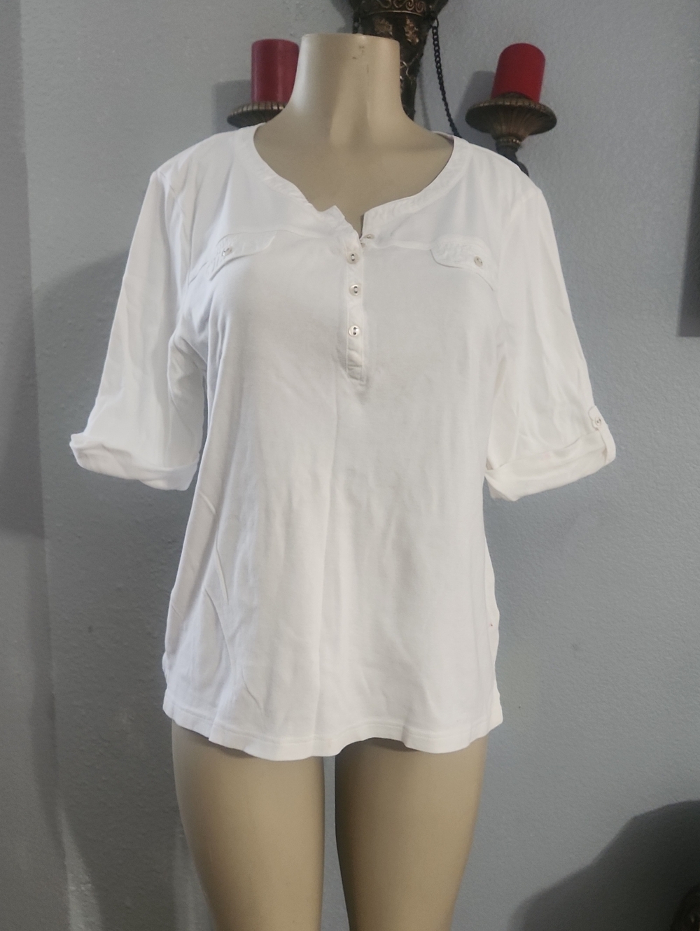 croft & barrow White Roll-Sleeve Henley Button-Up Top